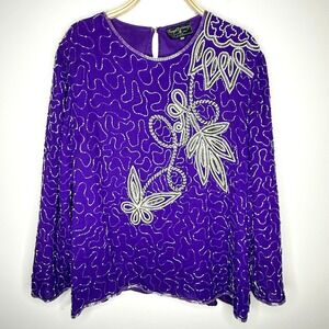 Vintage Royal Feelings Silk Beaded Royal Purple Long Sleeve Top Size XL‎